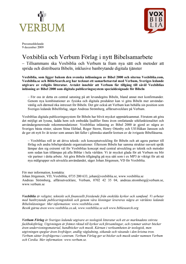 Voxbiblia och Verbum Förlag i nytt Bibelsamarbete 