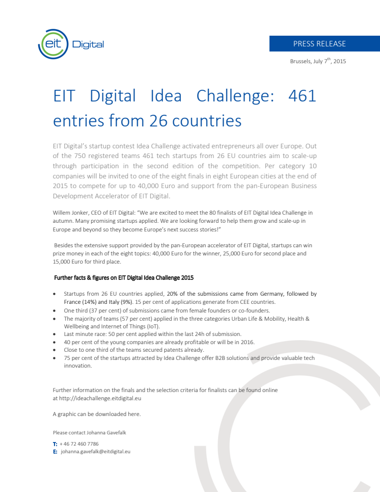 EIT Digital Idea Challenge: 461 entries from 26 countries 