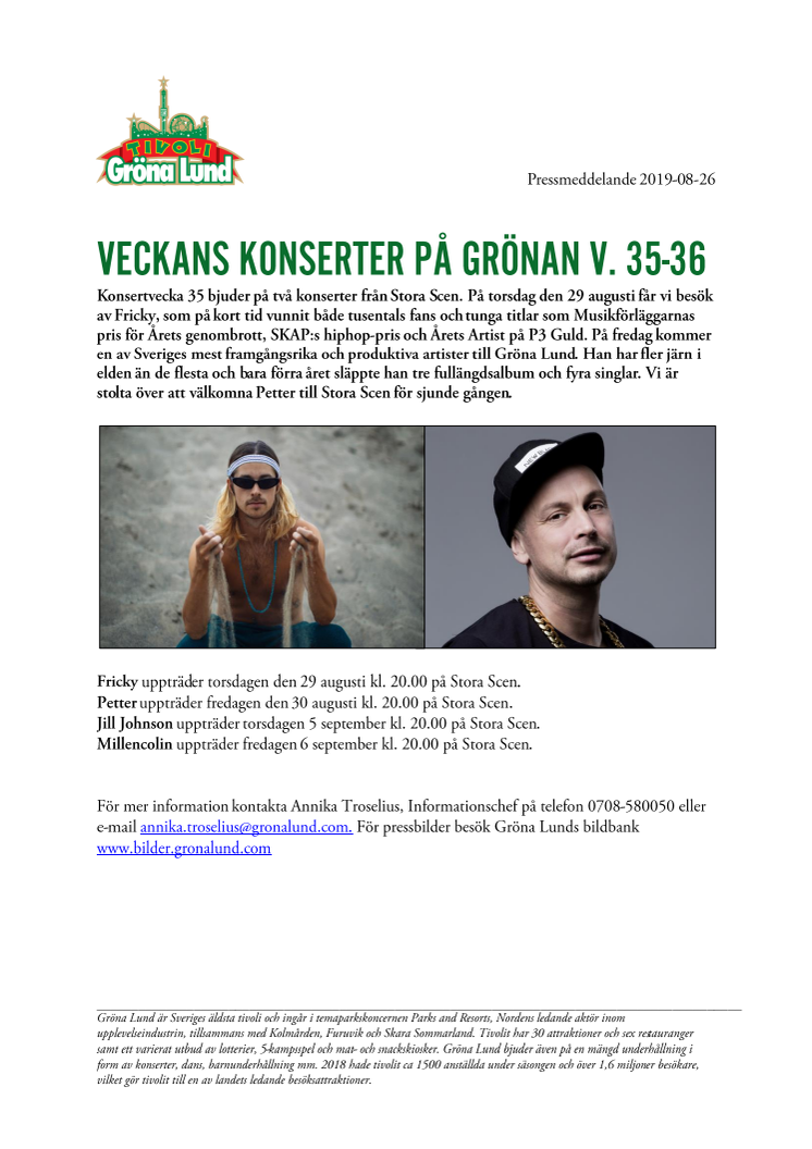 Veckans konserter på Grönan V. 35-36