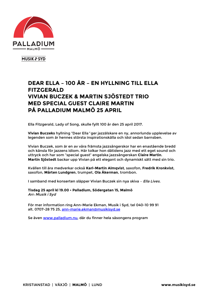 Dear Ella – 100 år – en hyllningskonsert till Ella Fitzgerald med Vivian Buczek & Martin Sjöstedt Trio på Palladium Malmö 25 april