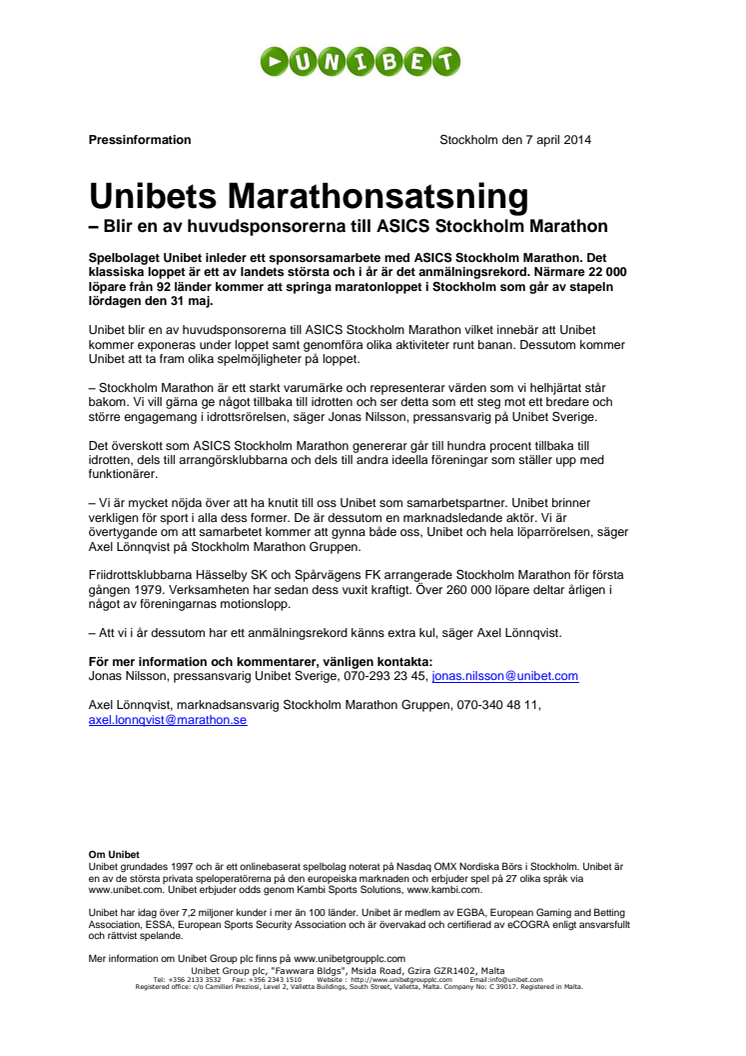 Unibets Marathonsatsning – Blir en av huvudsponsorerna till ASICS Stockholm Marathon