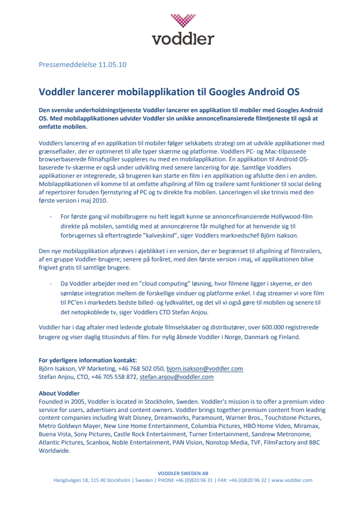 Voddler lancerer mobilapplikation til Googles Android OS