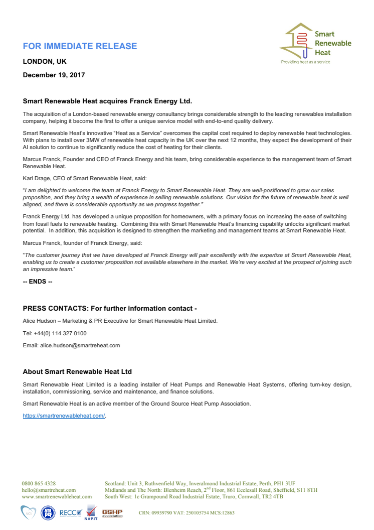  Smart Renewable Heat acquires Franck Energy Ltd.