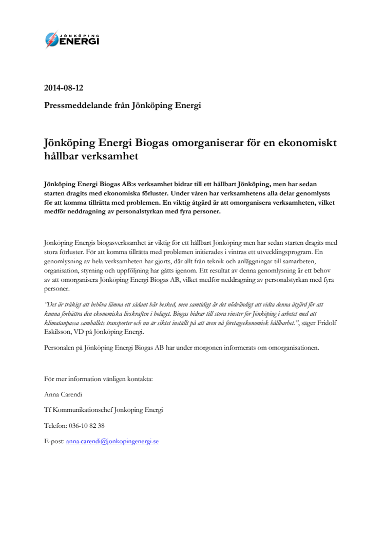 Jönköping Energi Biogas omorganiserar för en ekonomiskt hållbar verksamhet