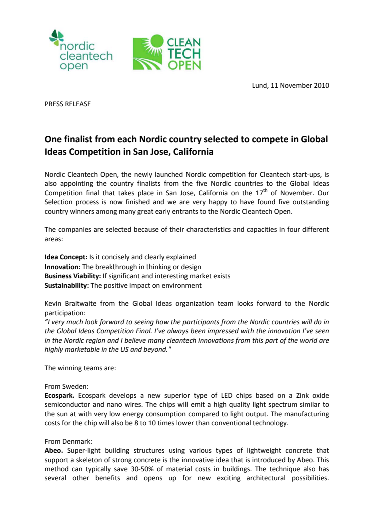 One finalist from each Nordic country selected to compete in Global Ideas Competition in San Jose, California