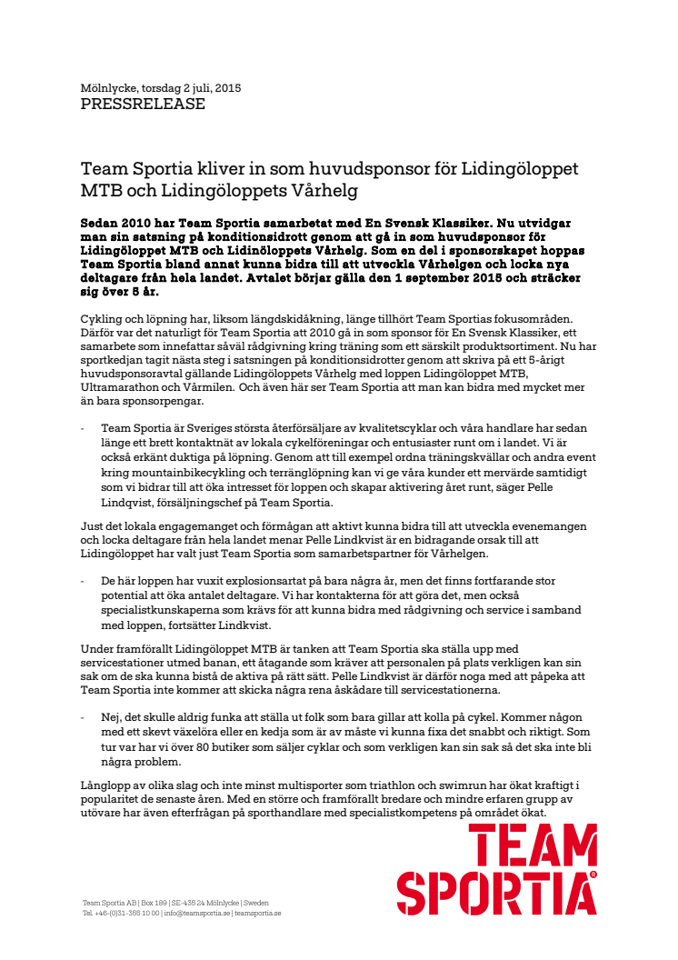 Team Sportia kliver in som huvudsponsor för Lidingöloppet MTB och Lidingöloppets Vårhelg