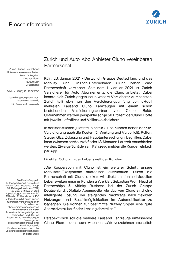 Zurich und Auto Abo Anbieter Cluno vereinbaren Partnerschaft