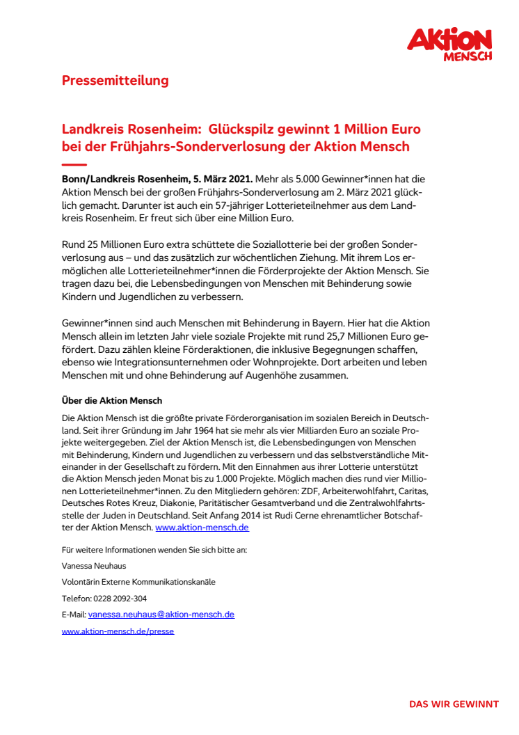 Landkreis Rosenheim:  Glückspilz gewinnt 1 Million Euro bei der Frühjahrs-Sonderverlosung der Aktion Mensch