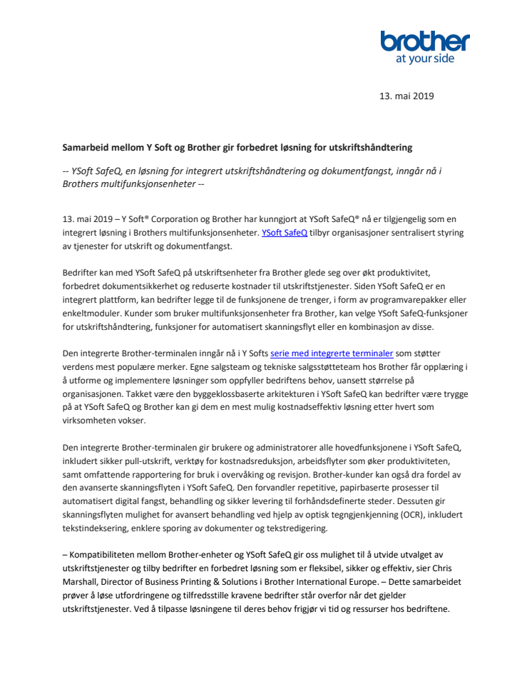 Samarbeid mellom Y Soft og Brother gir forbedret løsning for utskriftshåndtering