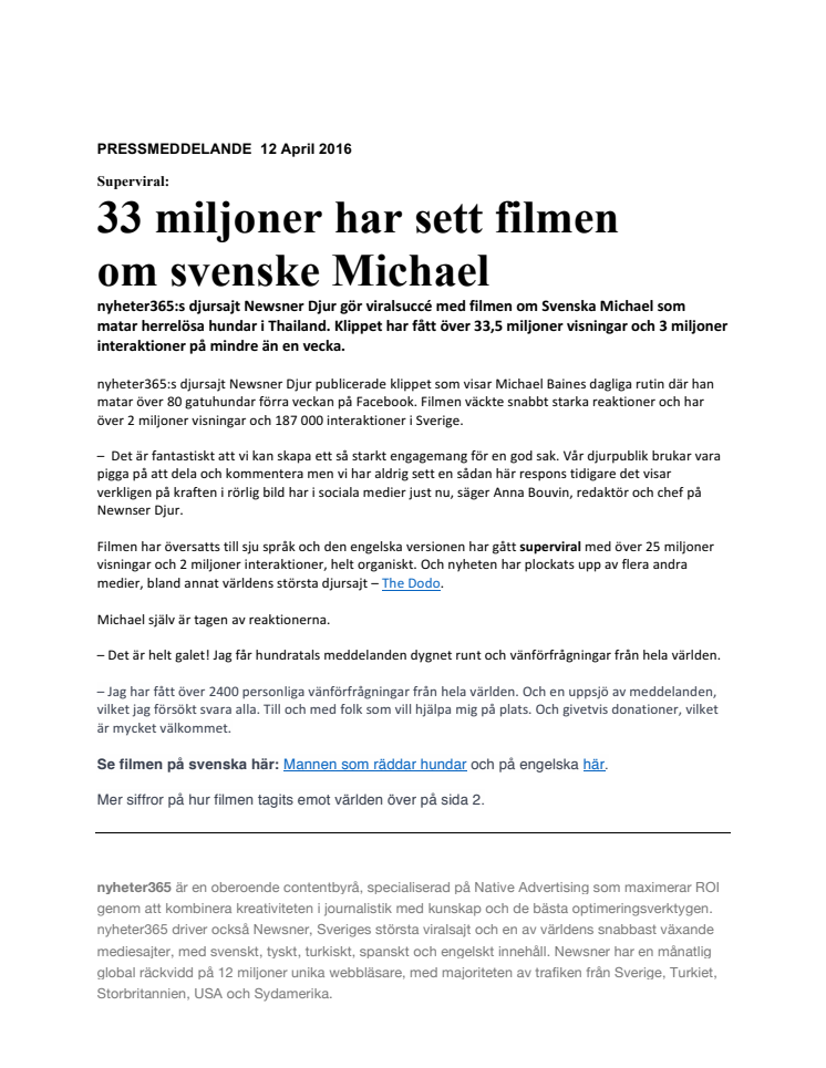 33 miljoner har sett filmen om svenske Michael
