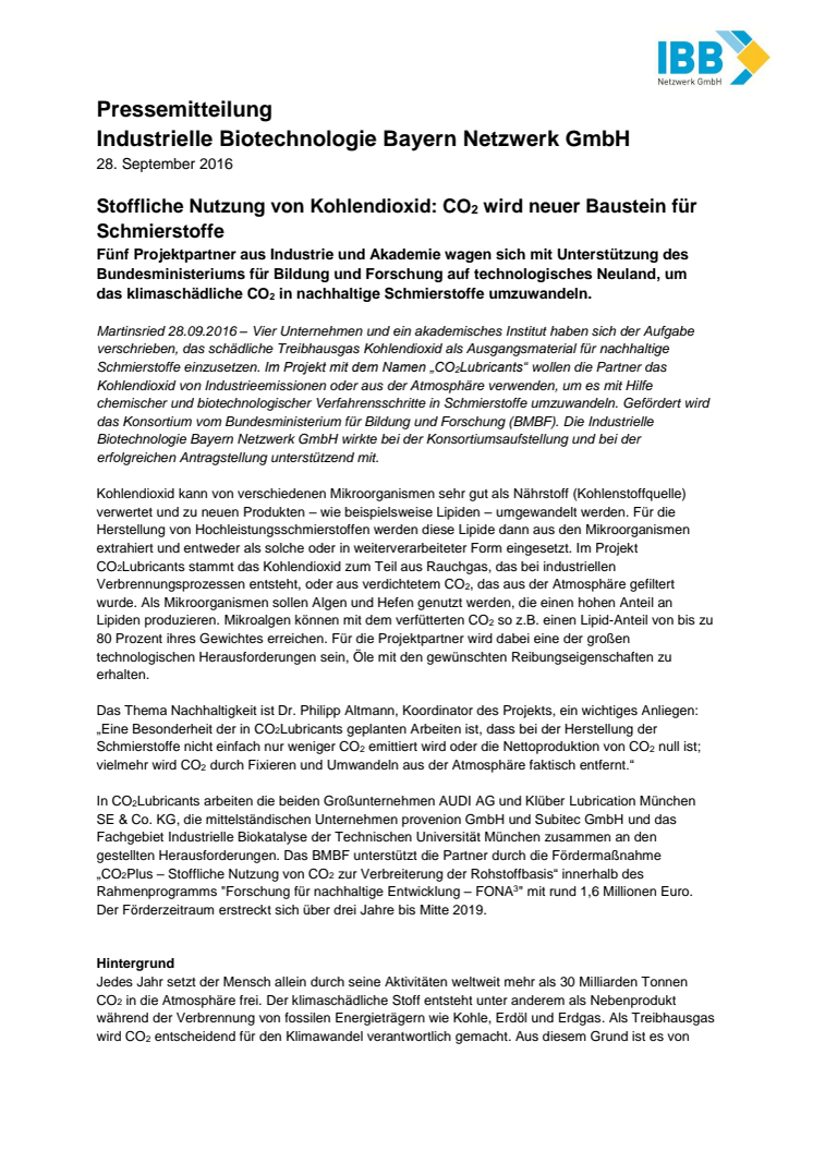 Stoffliche Nutzung von Kohlendioxid: CO2 wird neuer Baustein für Schmierstoffe