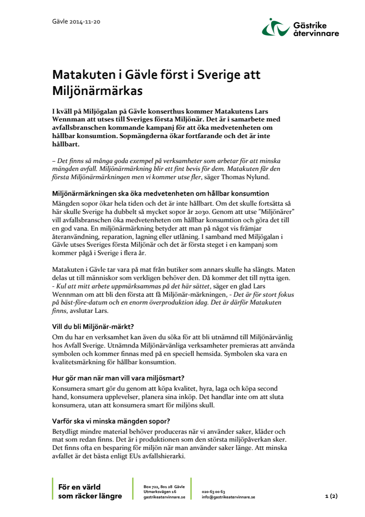 Matakuten i Gävle först i Sverige att Miljönärmärkas
