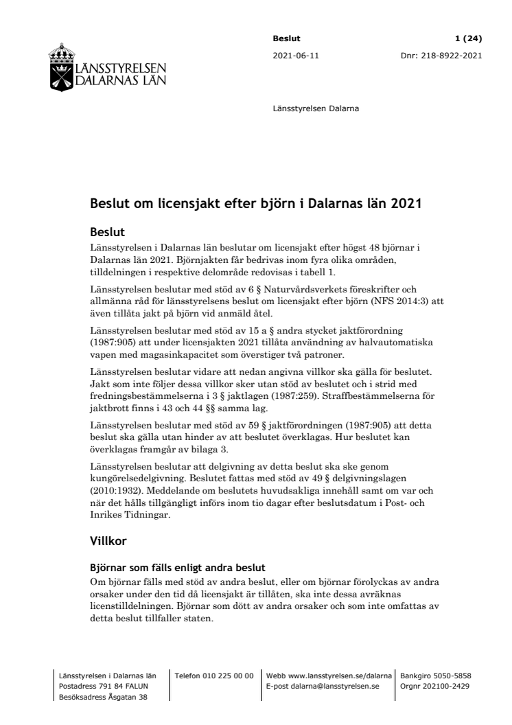 Beslut om licensjakt efter björn 2021 i Dalarnas län.pdf