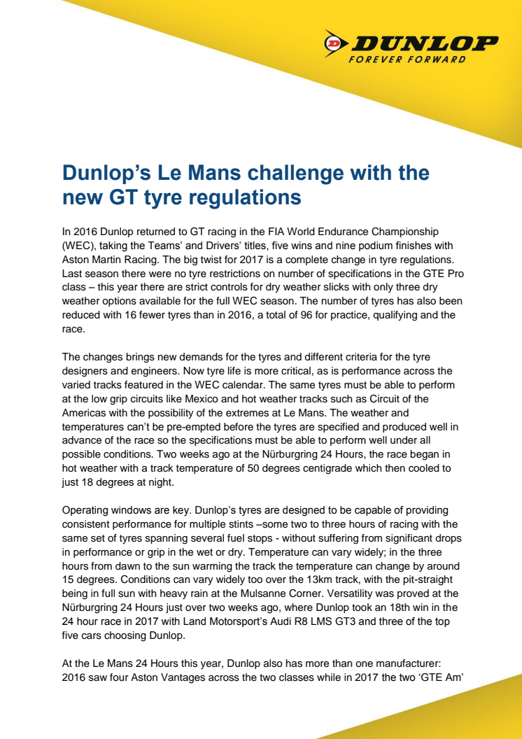 Dunlop’s Le Mans challenge with the new GT tyre regulations