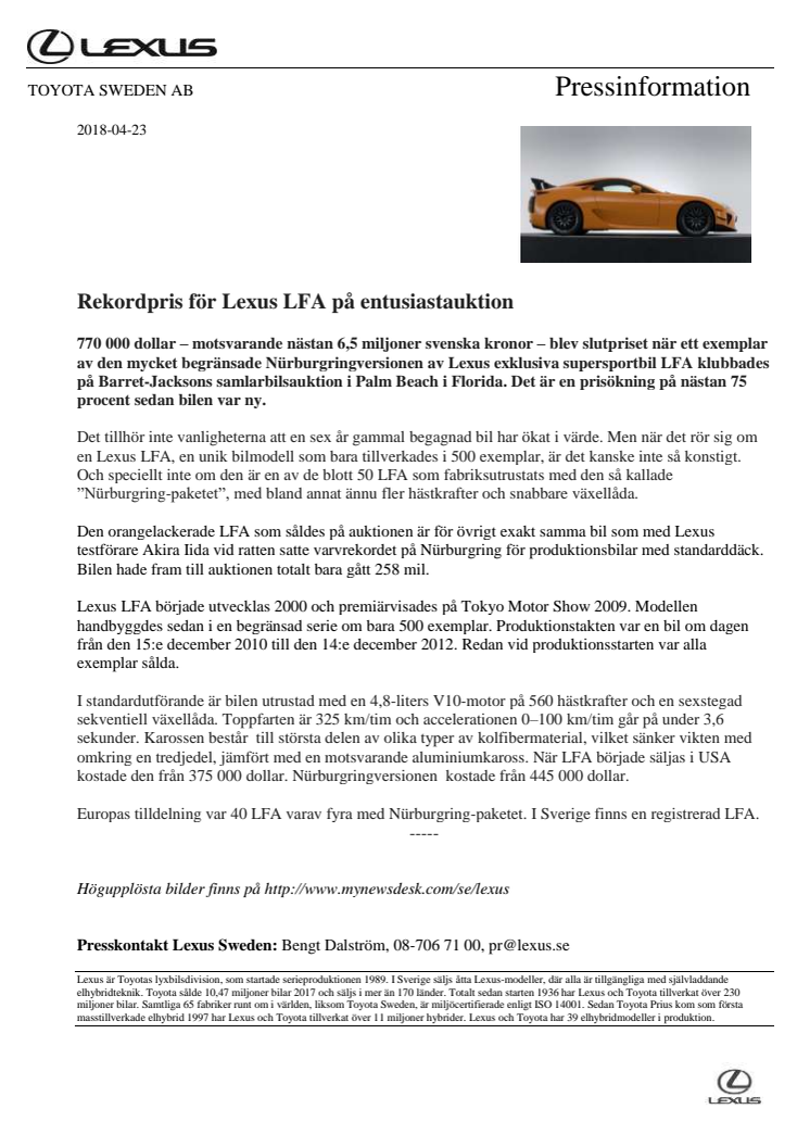 Rekordpris för Lexus LFA på entusiastauktion