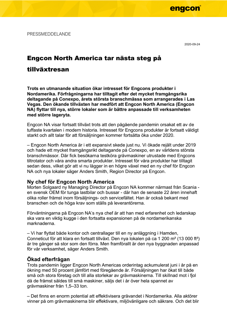 Engcon North America tar nästa steg på tillväxtresan