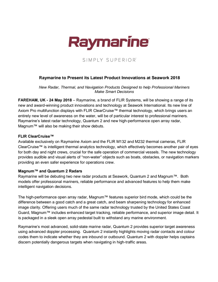 Raymarine: Raymarine to Present its Latest Product Innovations at Seawork 2018