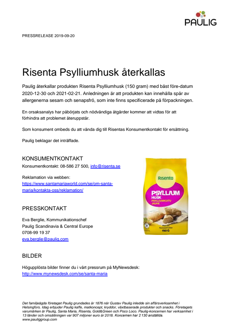 Risenta Psylliumhusk återkallas