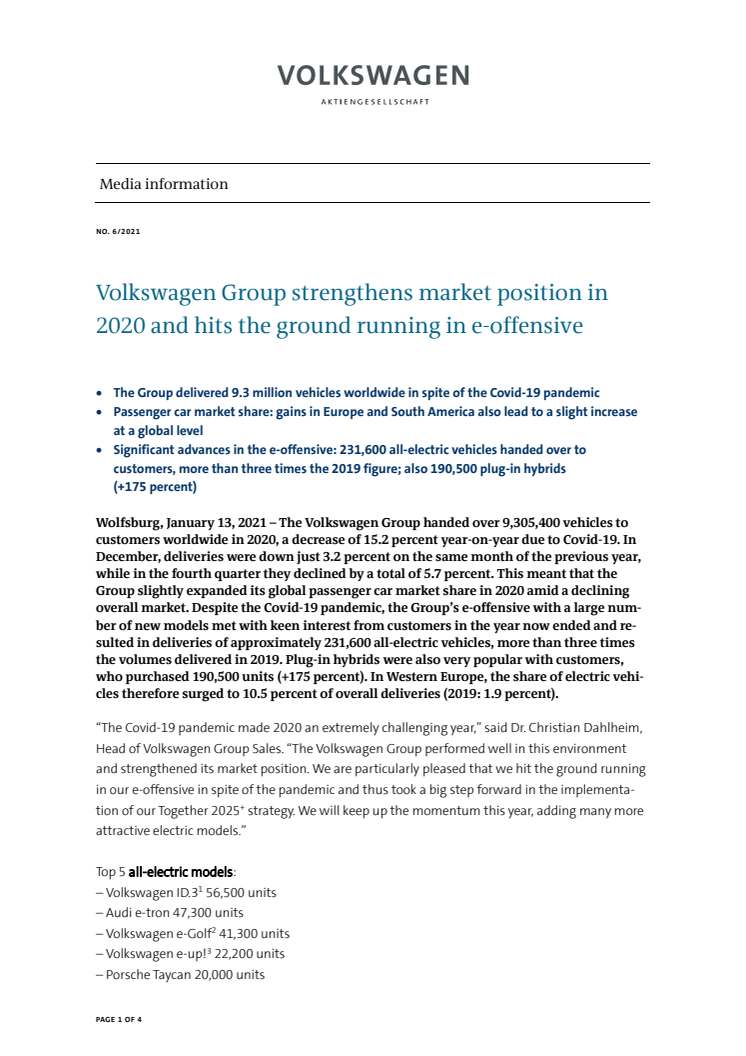 Volkswagen Group strengthens market position in 2020 and hits the ground running in e-offensive