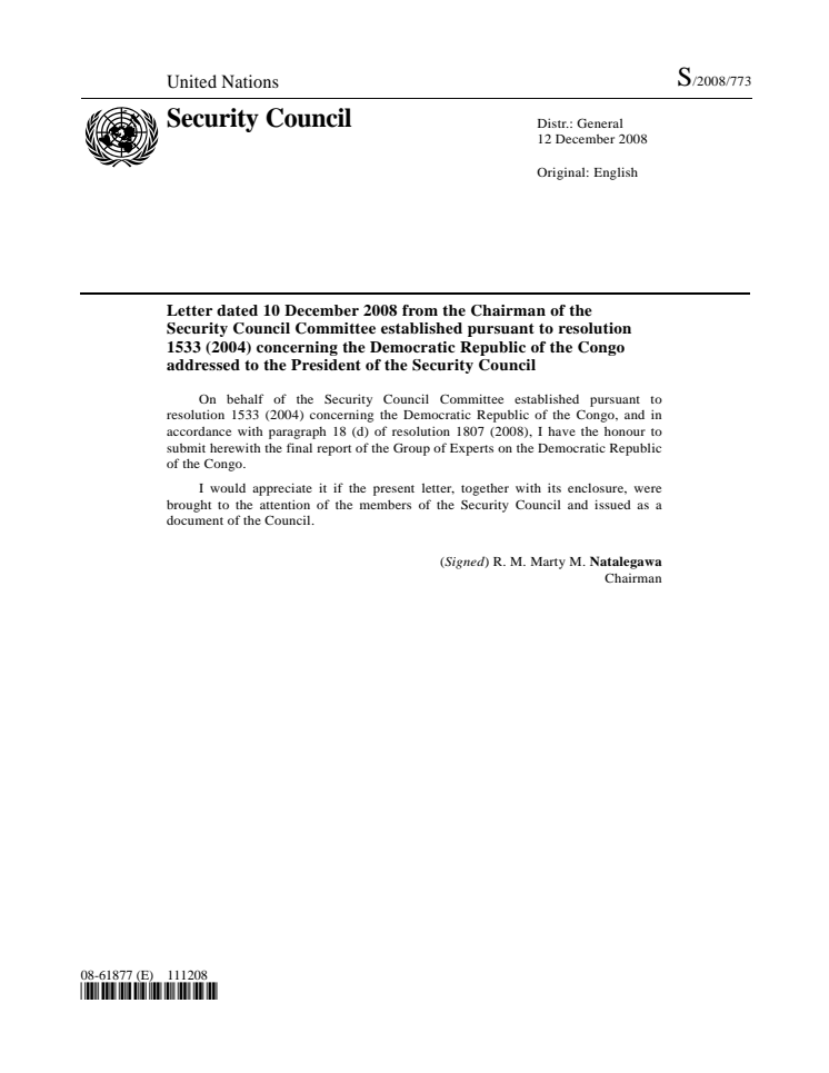 UN Report S/2008/773 Final report of the Group of Experts on the D R Congo