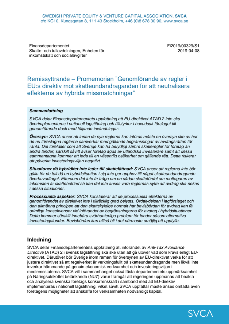 Promemorian Genomförande av regler i EU:s direktiv mot skatteundandraganden för att neutralisera effekterna av hybrida missmatchningar