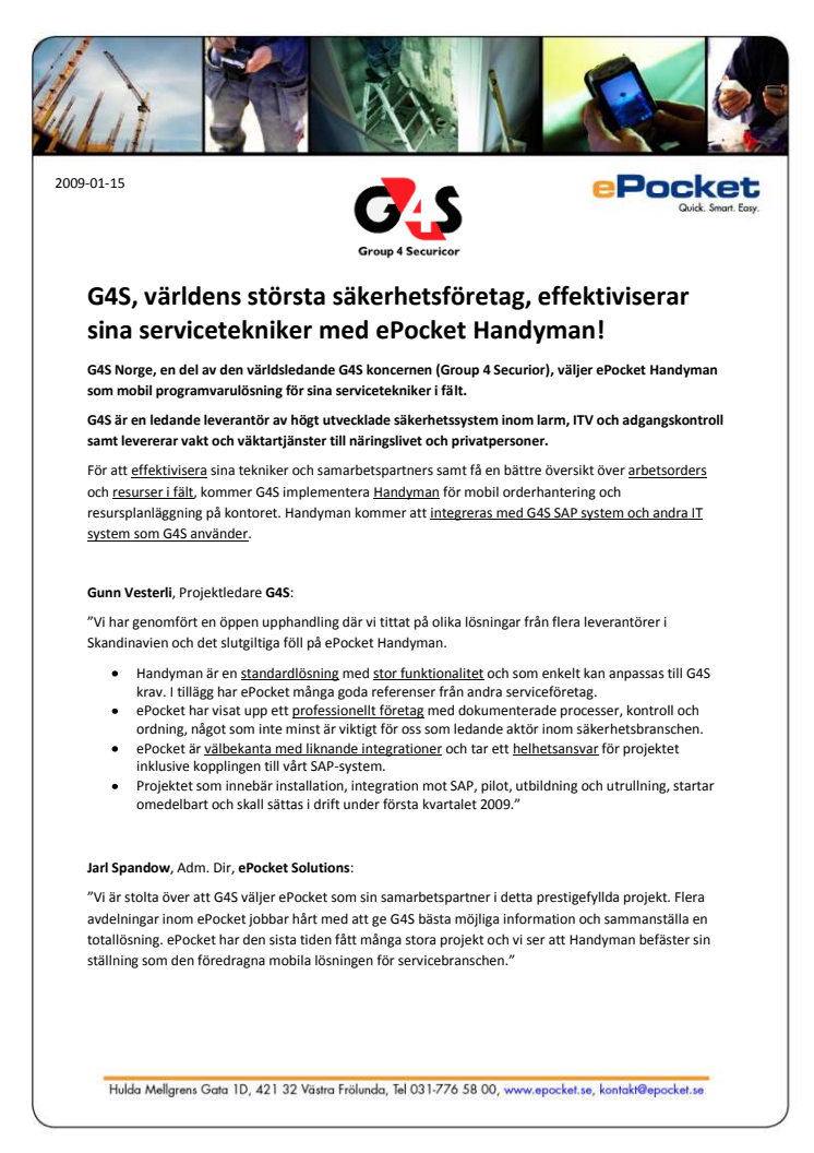 G4S, världens största säkerhetsföretag, effektiviserar sina servicetekniker med ePocket Handyman!