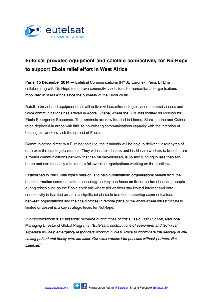 Eutelsat provides equipment and satellite connectivity for NetHope to support Ebola relief effort in West Africa