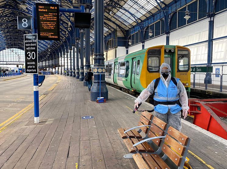 Applying long-lasting viricide at Brighton station