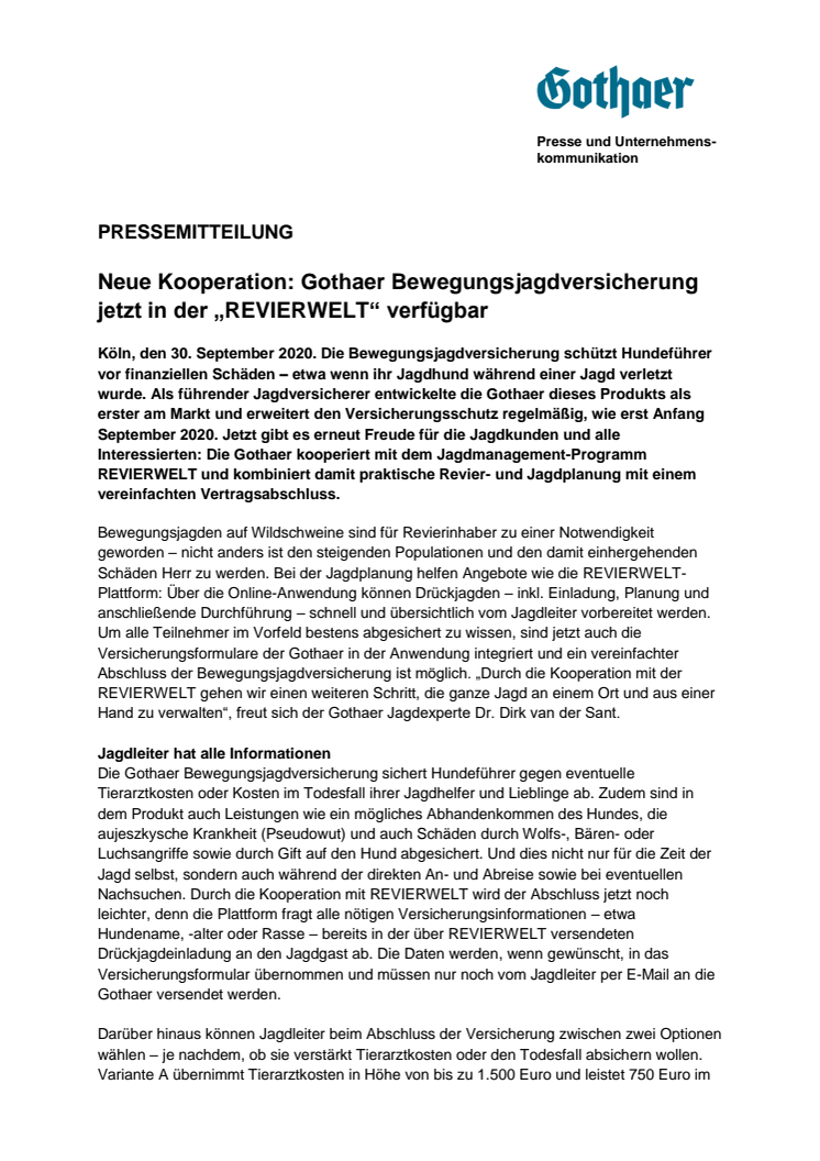 Neue Kooperation: Gothaer Bewegungsjagdversicherung jetzt in der „REVIERWELT“ verfügbar