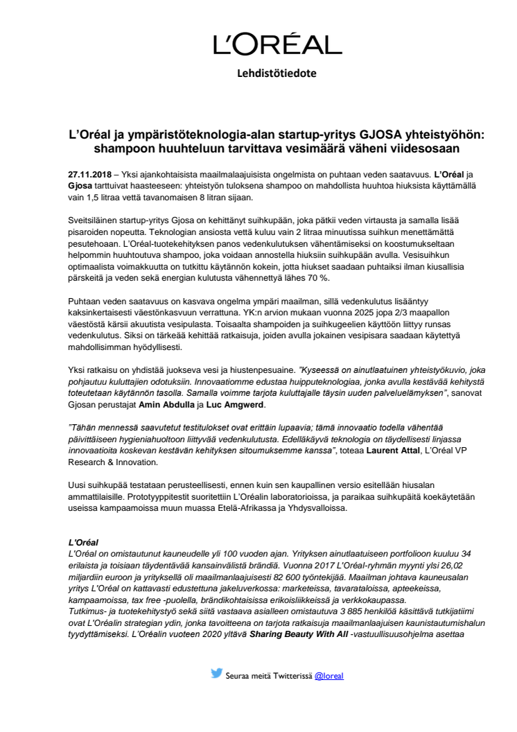 L’Oréal ja ympäristöteknologia-alan startup-yritys GJOSA yhteistyöhön: shampoon huuhteluun tarvittava vesimäärä väheni viidesosaan