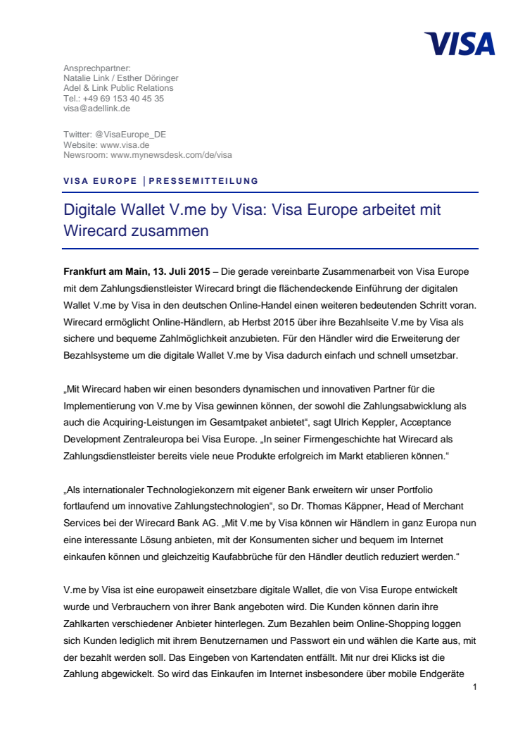 Digitale Wallet V.me by Visa: Visa Europe arbeitet mit Wirecard zusammen
