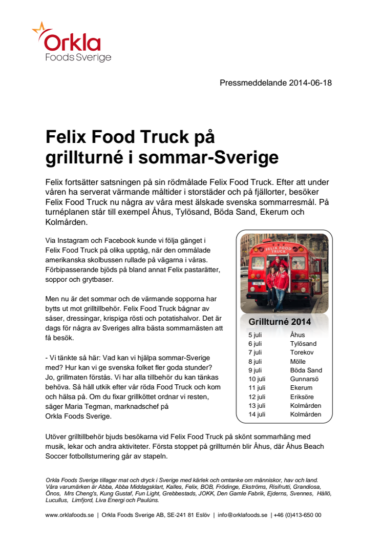 Felix Food Truck på grillturné i sommar-Sverige 