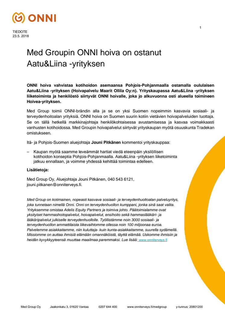 Med Groupin ONNI hoiva on ostanut Aatu&Liina -yrityksen 