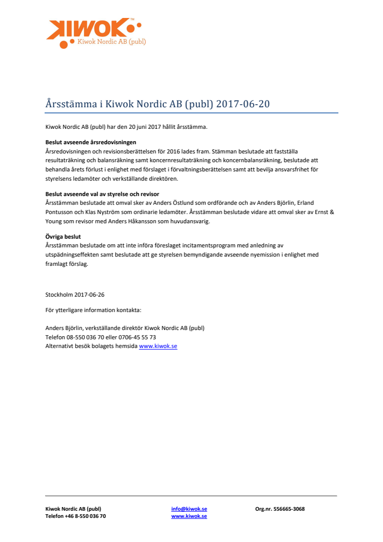 Årsstämma i Kiwok Nordic AB (publ) 2017-06-20