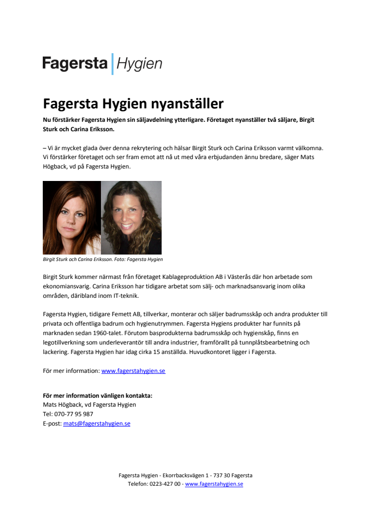 Fagersta Hygien nyanställer