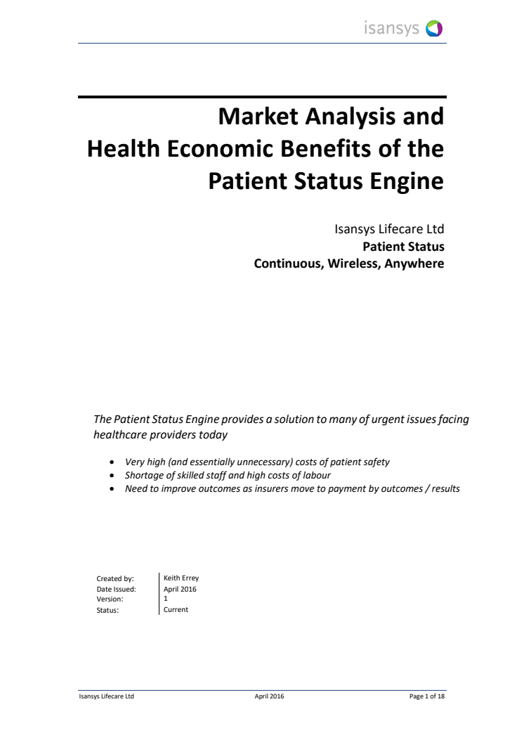 Market Analysis and  Health Economic Benefits of the  Patient Status Engine 