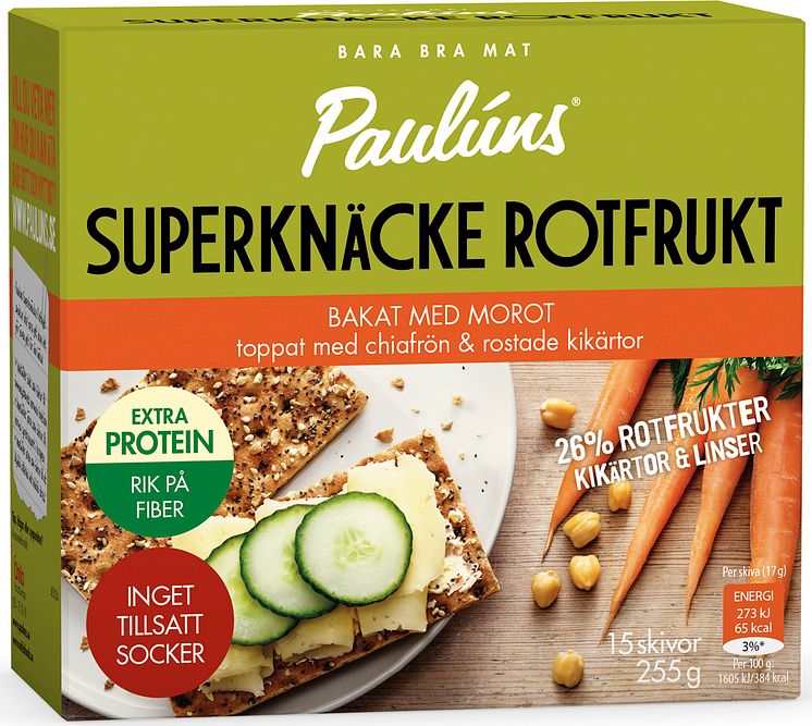 •	Paulúns Superknäcke Rotfrukt  -  bakat med morot toppat med chiafrön och rostade kikärtor