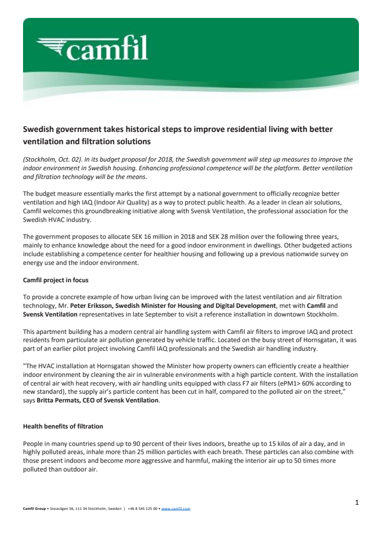 Swedish government takes historical steps to improve residential living with better ventilation and filtration solutions