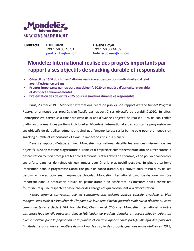 Mondelēz International réalise des progrès importants par rapport à ses objectifs de snacking durable et responsable