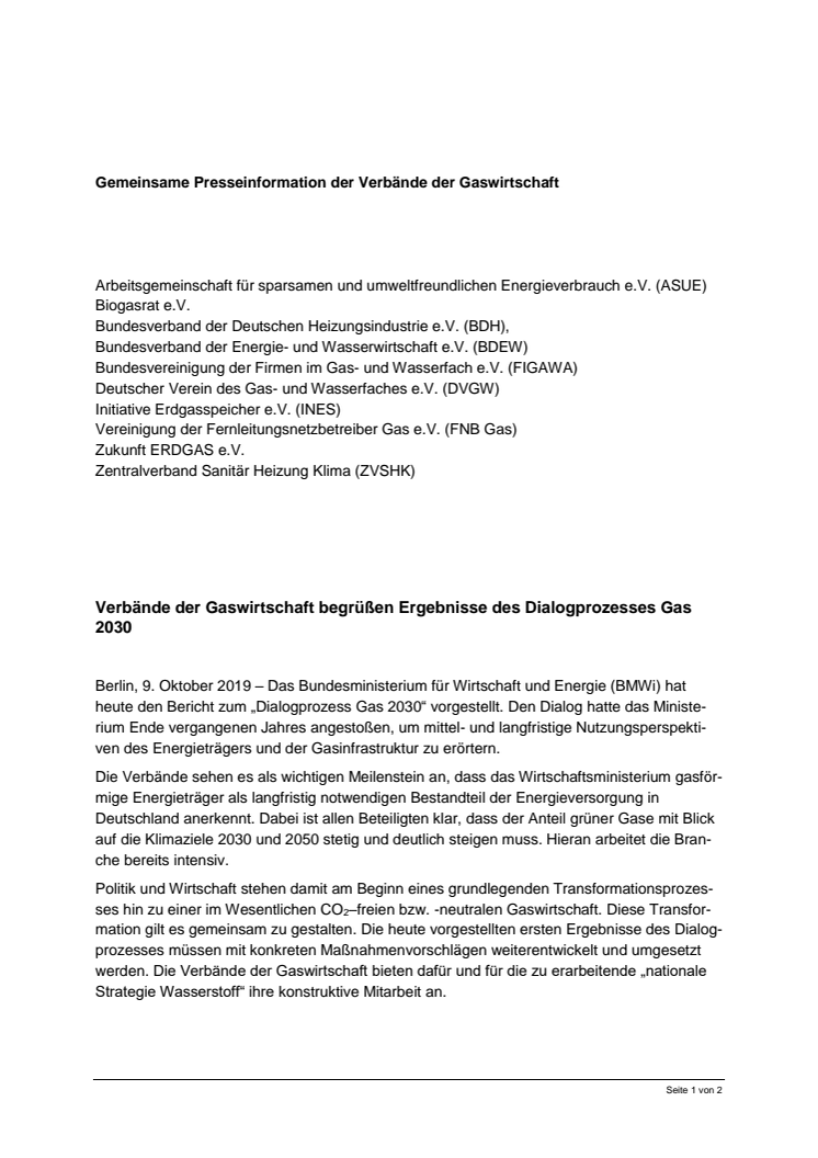 Gemeinsame Presseinformation: Verbände der Gaswirtschaft begrüßen Ergebnisse des Dialogprozesses Gas 2030   