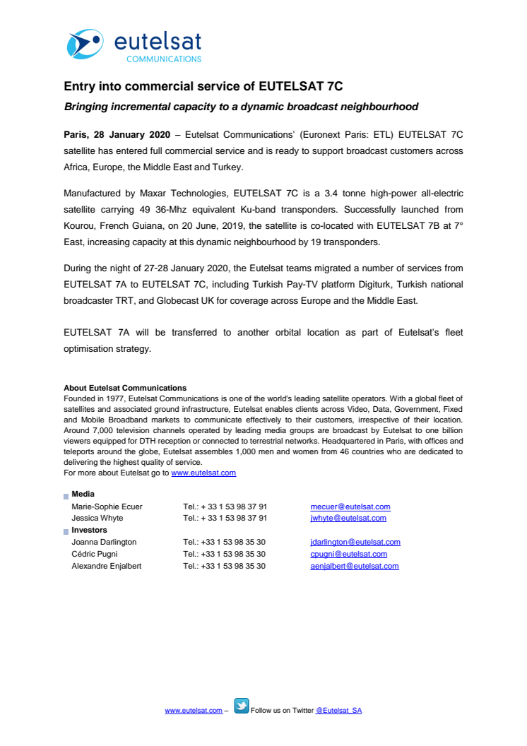 Entry into commercial service of EUTELSAT 7C