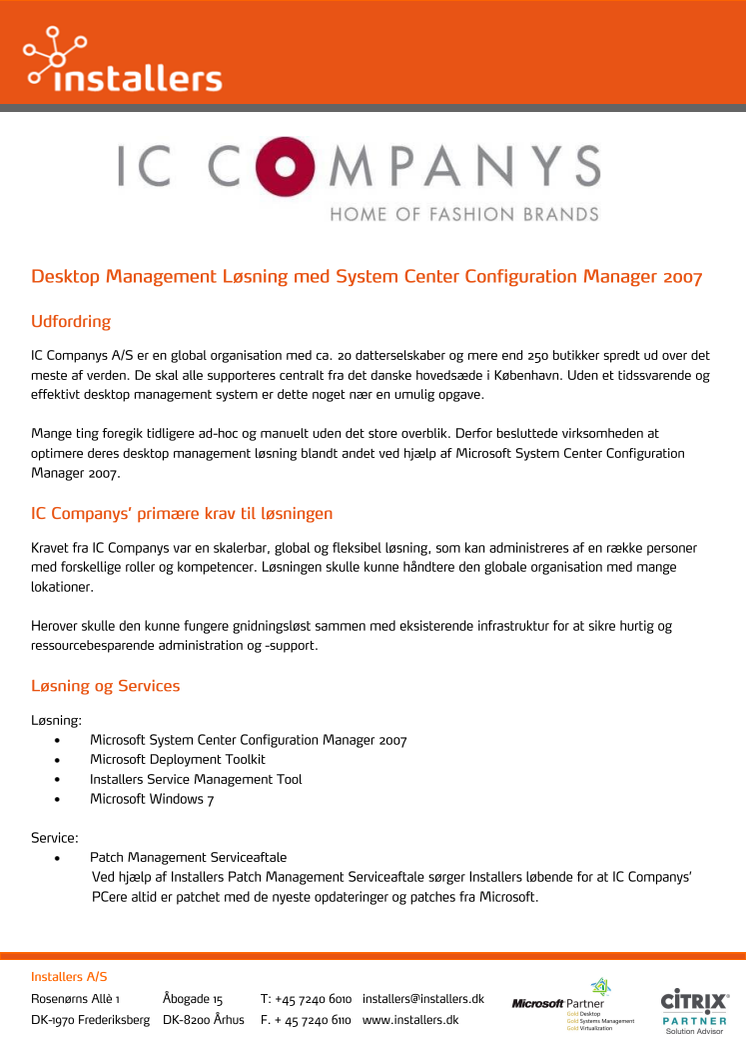 Installers leverer Desktop Management Løsning med System Center Configuration Manager 2007 til IC Companys