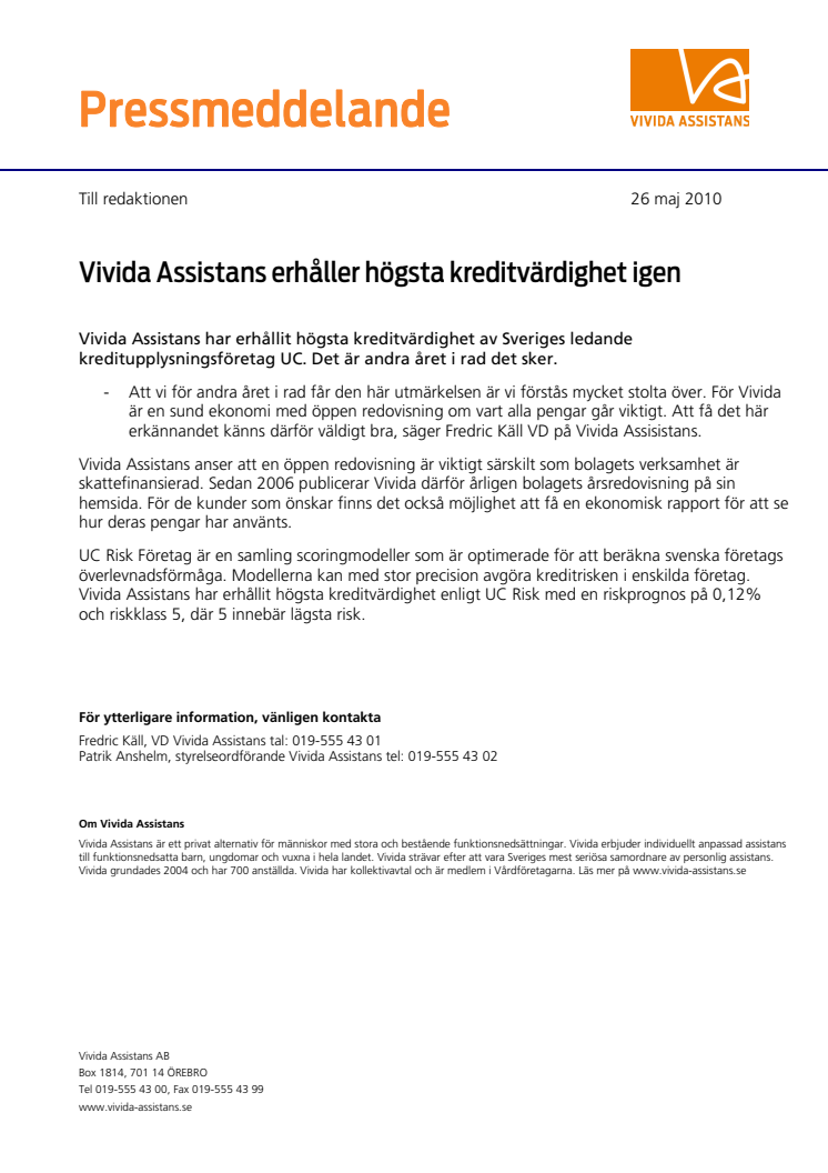 Vivida Assistans erhåller högsta kreditvärdighet igen