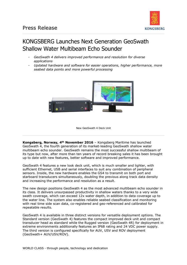Kongsberg Maritime: KONGSBERG Launches Next Generation GeoSwath Shallow Water Multibeam Echo Sounder