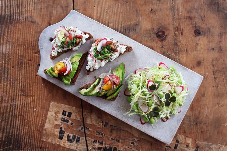 Rugbrød med hytteost, avocado og salat