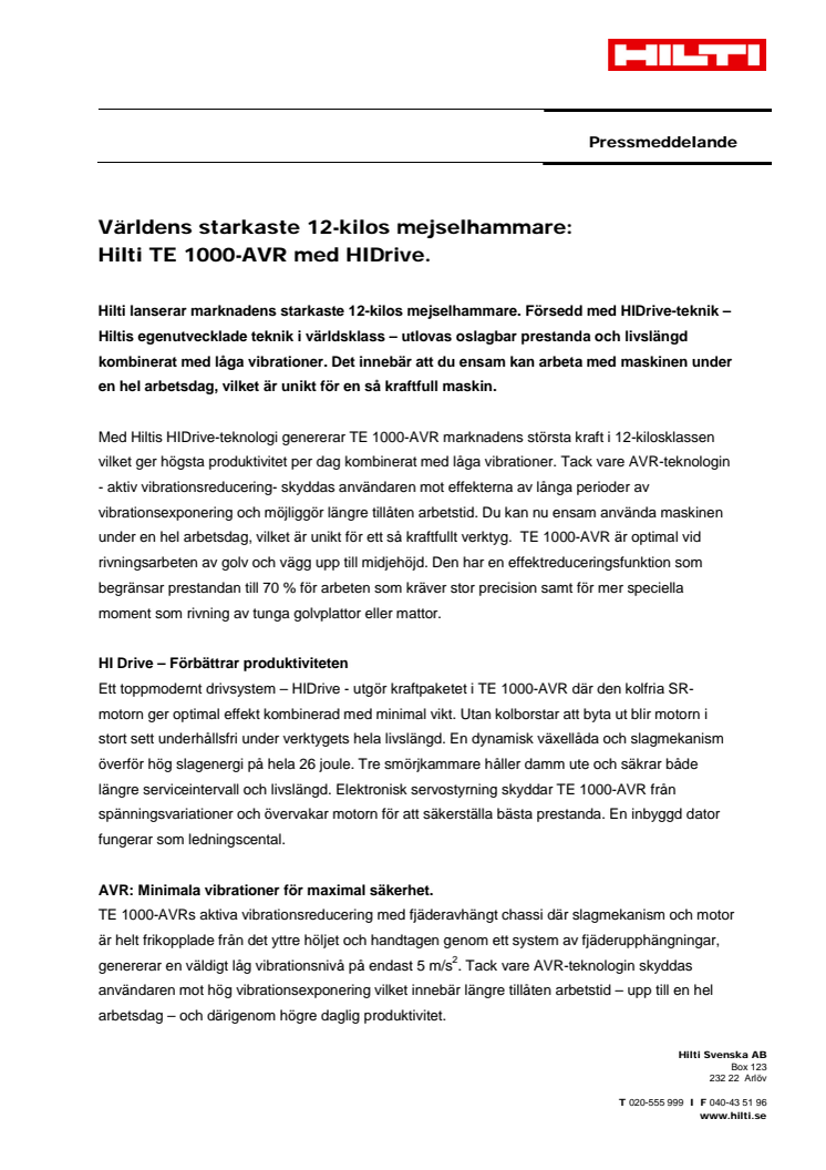 Världens starkaste 12-kilos mejselhammare: Hilti TE 1000-AVR med HIDrive.