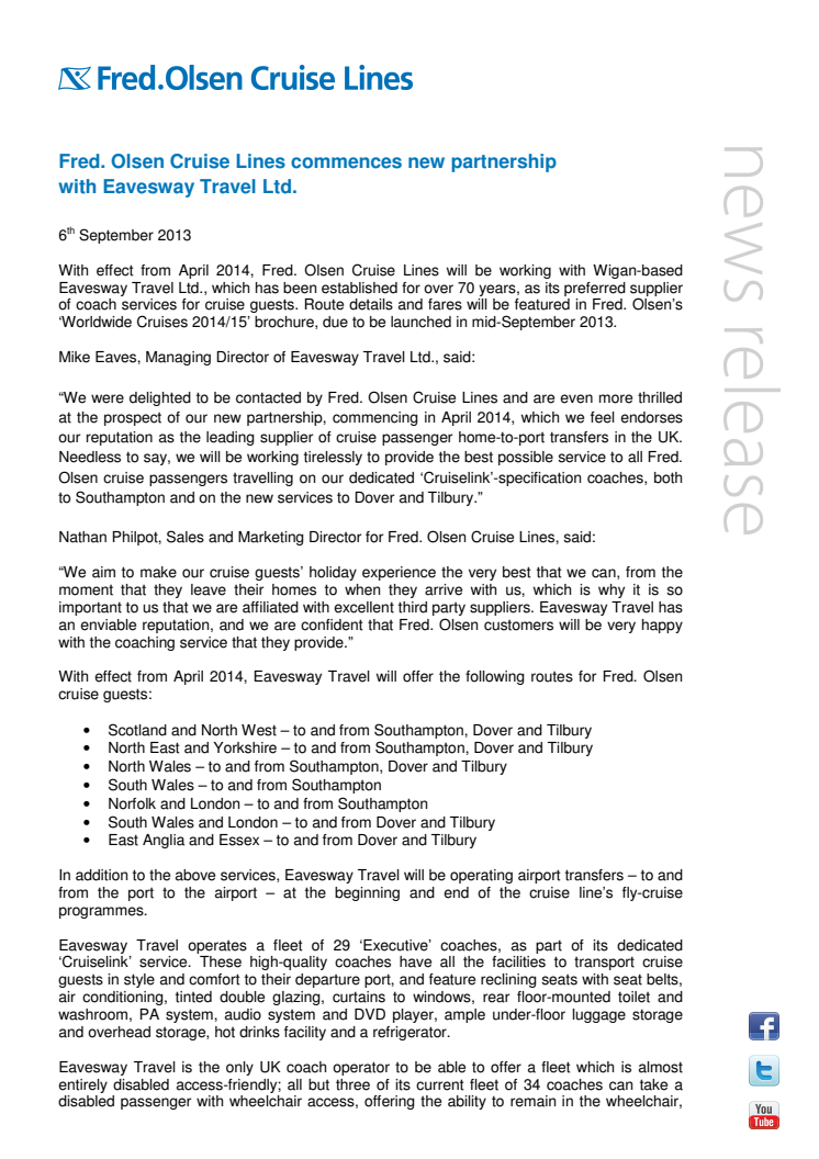 Fred. Olsen Cruise Lines commences new partnership  with Eavesway Travel Ltd. 