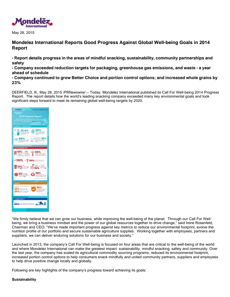 Mondelez International Reports Good Progress Against Global Well-being Goals in 2014 Report