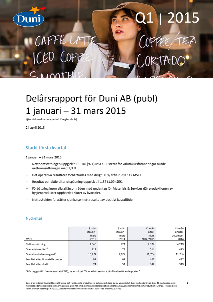 ​Delårsrapport för Duni AB (publ) 1 januari – 31 mars 2015