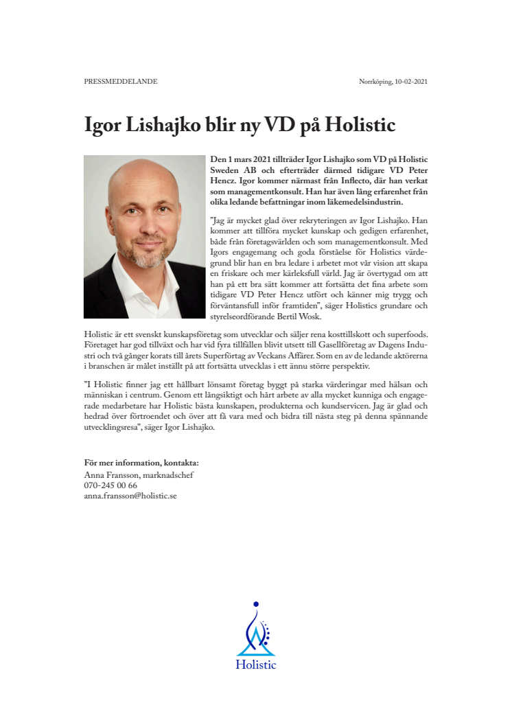 Igor Lishajko blir ny VD på Holistic
